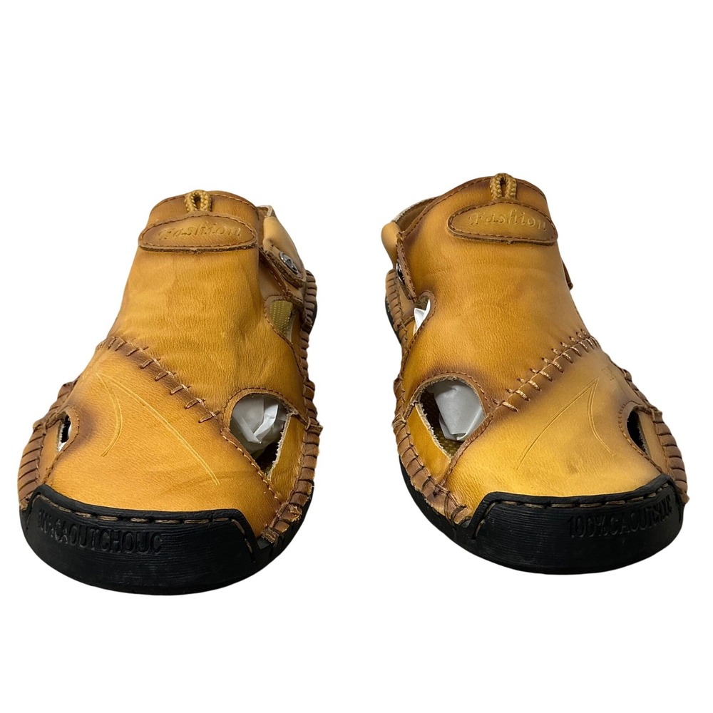 Fashion Mens Tan Leather Fisherman Sandals Hand Stitched Rubber Sole Size 43 10